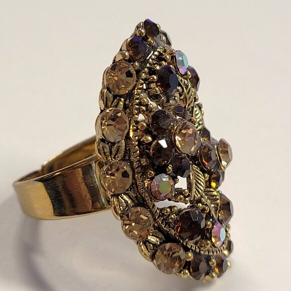 Amber Rhinestone Cocktail Ring ADJUSTABLE Band Brown rhinestone Fashion Ring - Picture 3 of 7